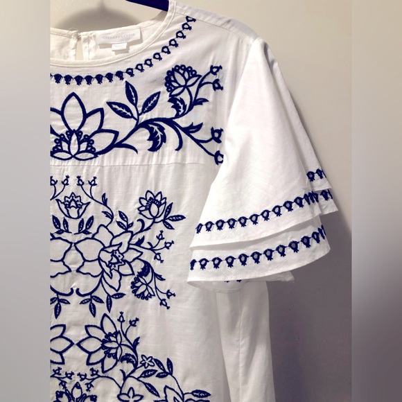 CHARTER CLUB- Navy Blue Embroidery on White Cotton Blouse. Size L - Picture 7 of 10